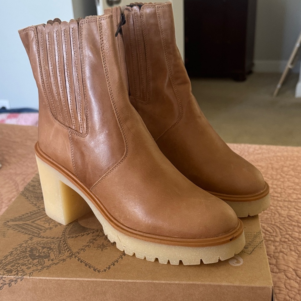 Free People Tan Leather Platform James Chelsea Block Heel Boots - Picture 6 of 8